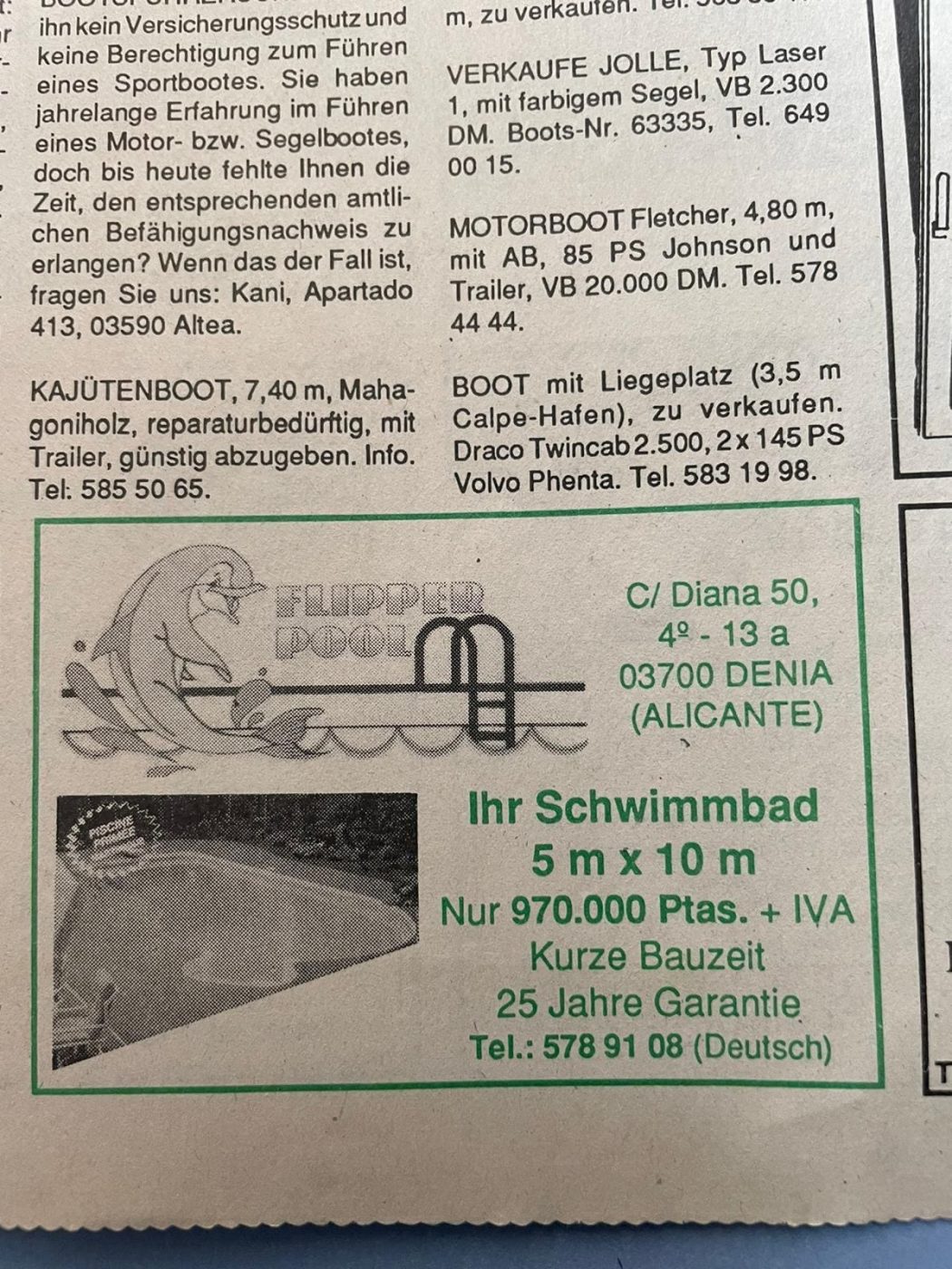 Anuncio original de Flipperpool, constructores de piscinas en Dénia, publicado en la prensa local en 1991