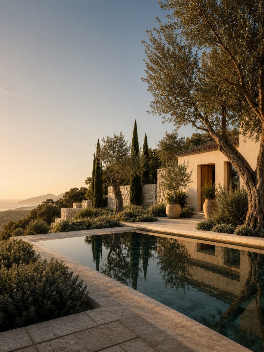 Villa mediterránea en Marbella con piscina de borde infinito, olivos y cipreses al atardecer